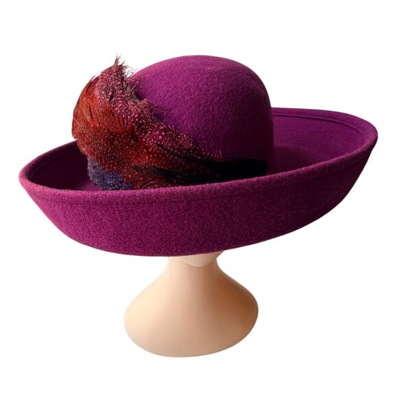 Vintage Magenta Wool Wide Brim Hat with Feather Accent Elegant 1950s 1960s Style
